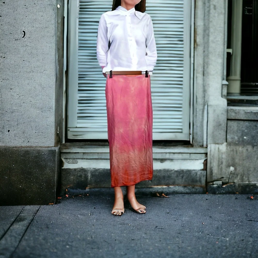 Zara Pink Semi Sheer Slit Draped Ombré Ruched Silk Satin Pencil Skirt Small